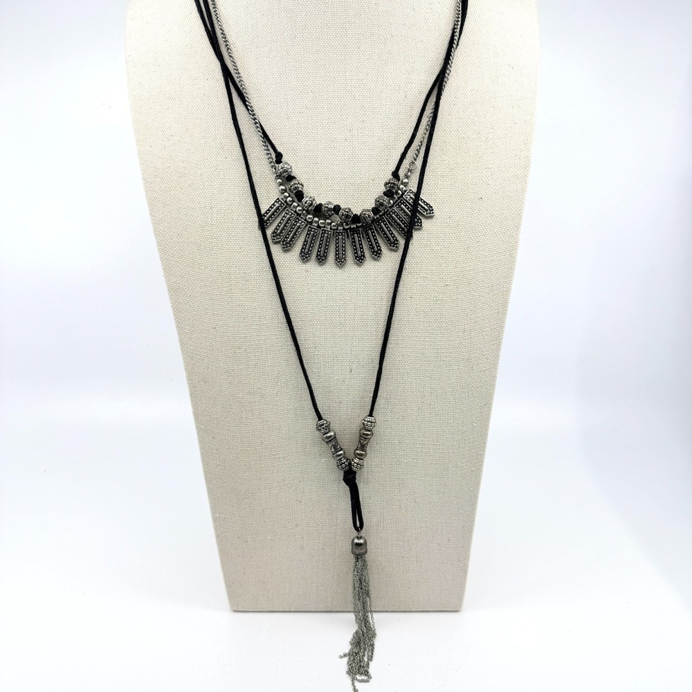 Boho Tassel Layered Necklace Silver Tone‎ Black Cord Fringe Statement Festival
